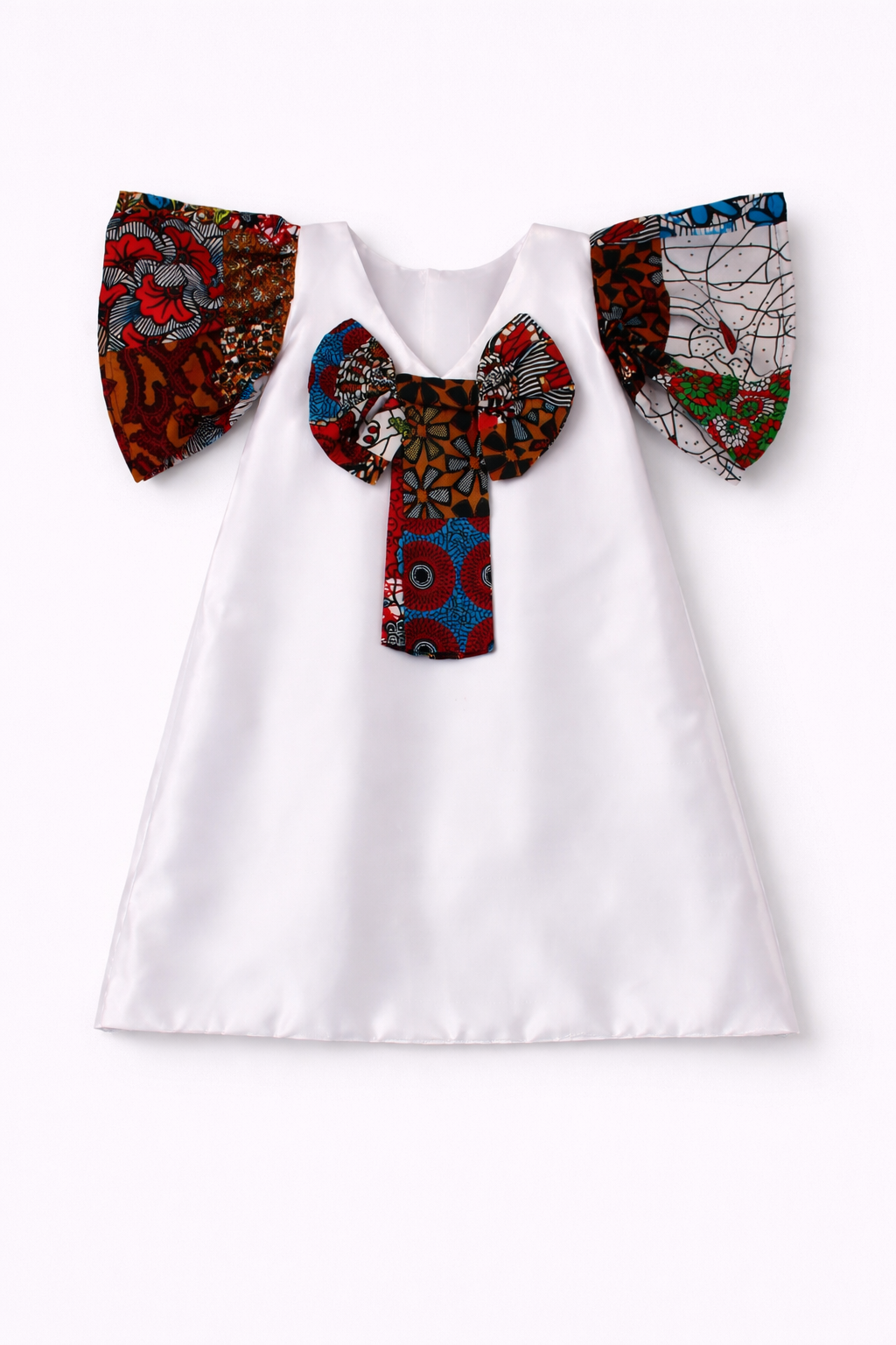 White blouse with colorful patterned sleeves on a white background