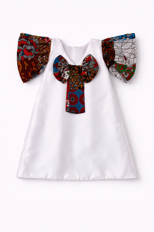 White blouse with colorful patterned sleeves on a white background