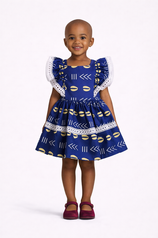 Child wearing a blue dress with white and beige patterns on a white background