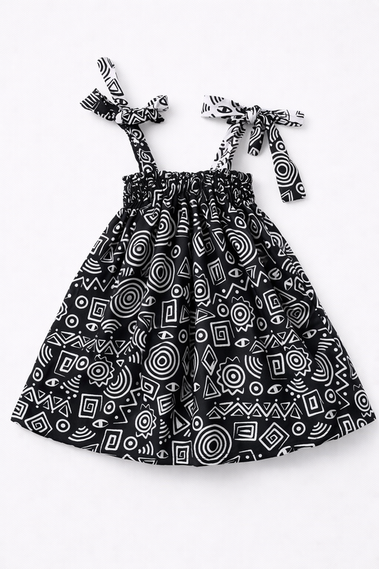 Black and white patterned dress with tie straps on a white background