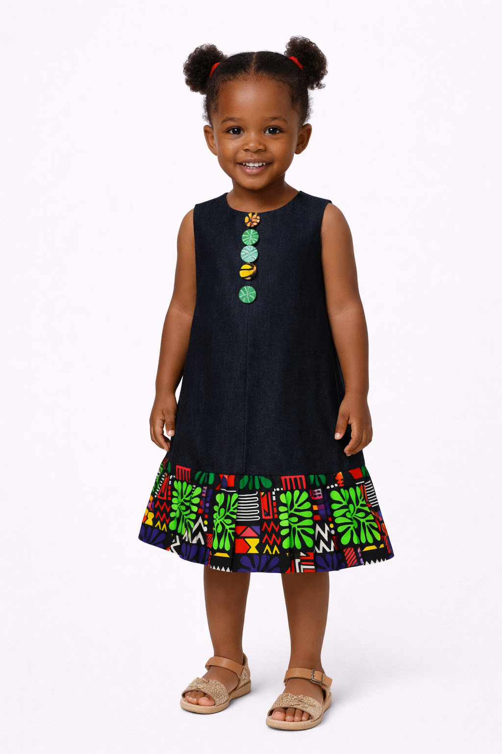 Young girl wearing an indigo/dark blue dress with colorful patterns and five bold buttons on a white background